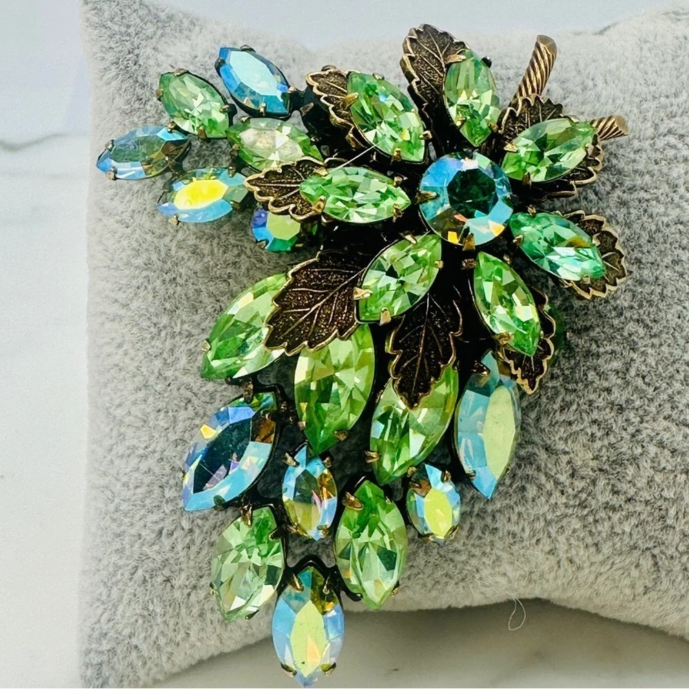 Vintage Signed Regency Brooch Pin Green Blue AB Navette Rhinestone Rare 50s 60s